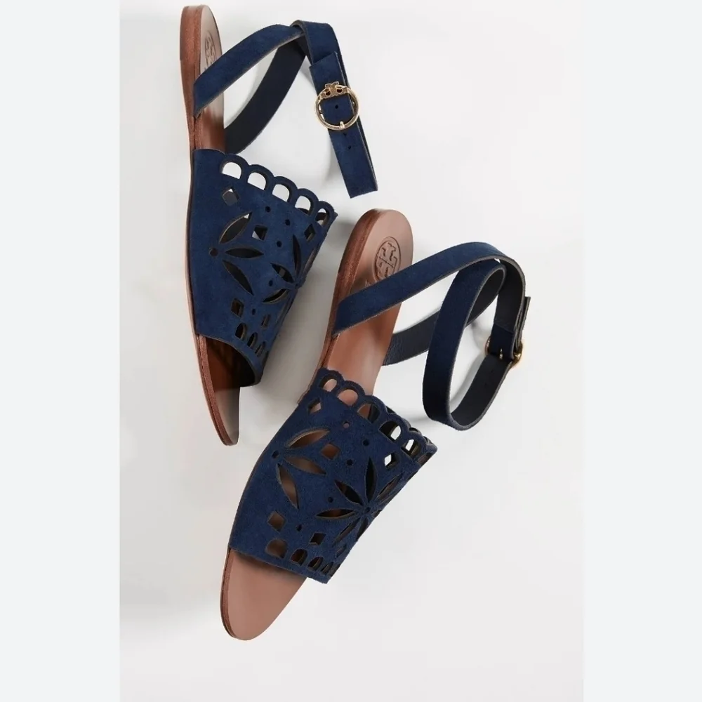 Tory Burch Womens May  Ankle Leather Suede Flats Sandals shoes sz 10M